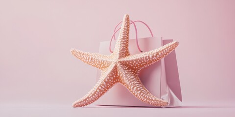 Poster - Starfish Rests on Pink Background Next to a White Shopping Bag Radiating Summer Vibes and Coastal Charm