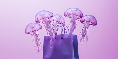 Poster - Colorful Jellyfish Floating Gracefully in a Stylish Shopping Bag Against a Soft Purple Background
