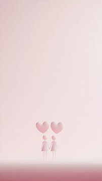 Romantic couple illustration of two hearts holding hands, on simple white background with soft pink heart outline around them Valentine's day vertical social media concept, photo footage stories reels