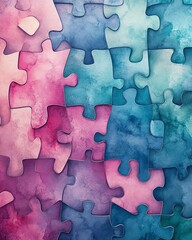 Poster - Colorful interlocking puzzle pieces with a watercolor texture