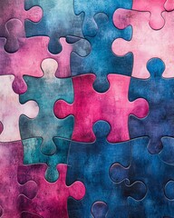 Poster - Colorful interlocking puzzle pieces with a watercolor texture