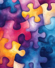 Poster - A colorful abstract design of interlocking puzzle pieces with watercolor textures