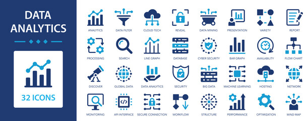 data analytics flat icons collection. data collection, search and analysis. database, statistics, se
