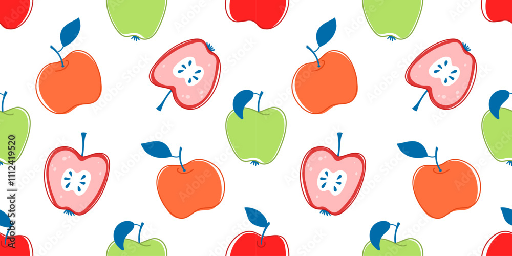 Vector seamless pattern with apples hand drawing line art on a white ...
