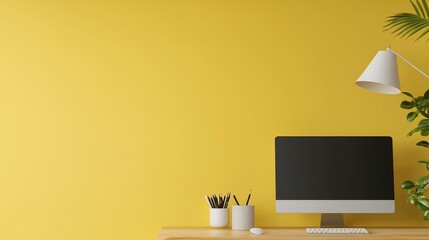Aufkleber - Bright yellow workspace with computer and plants creates a vibrant atmosphere for productivity