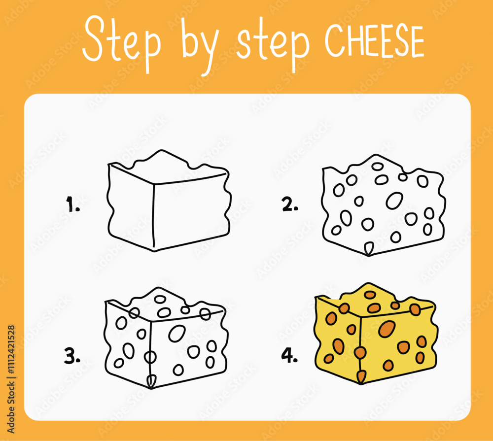 Tutorial for drawing Cheese. step by step Stock Vector | Adobe Stock