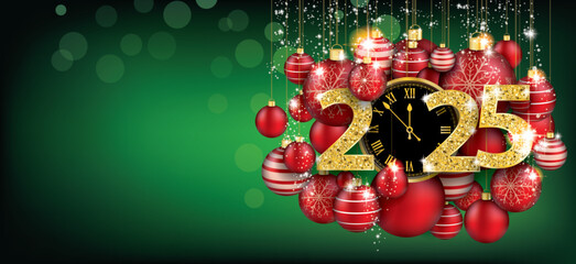 Wall Mural - Hanging Red Baubles Green Christmas Golden Clock 2025