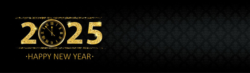 Wall Mural - Black Banner Ornaments Clock 2025 New Year Gold
