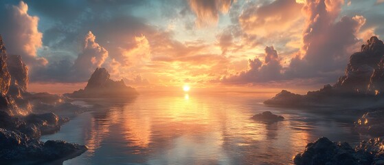 Poster - Serene Sunset Over Tranquil Ocean with Vibrant Clouds Reflecting on Water Surface Surrounded by Rocky Coastal Landscape at Dusk