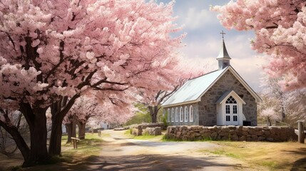 Wall Mural - cherry country church springtime