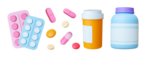 Wall Mural - Pills 3d elements. Tablets, drugs plastic bottles and packaging. Different pharma goods for treatment, vitamins, capsules, vector realistic collection