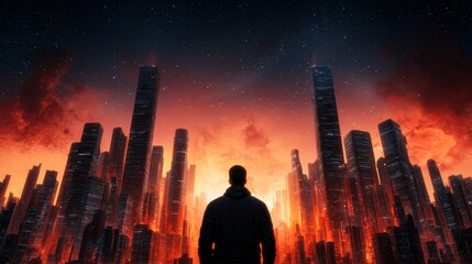 Poster - A silhouetted figure stands before a fiery skyline of towering skyscrapers, creating a dramatic contrast against the night sky.