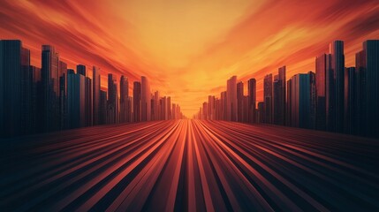 Wall Mural - A vibrant sunset casts warm hues over a city skyline, with elongated lines leading towards the horizon, creating a sense of depth and movement.