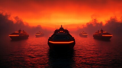 Poster - A fleet of illuminated ships sails through a misty sea at sunset, creating a dramatic atmosphere with vibrant orange and red hues.