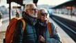 © Ivan - An elderly couple stands closely together at a train station, smiling and embracing. They wear sunglasses and have backpacks, ready for their journey ahead