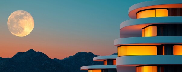 Canvas Print - A modern building with glowing windows stands against a twilight sky, featuring a large moon and distant mountains in the background.