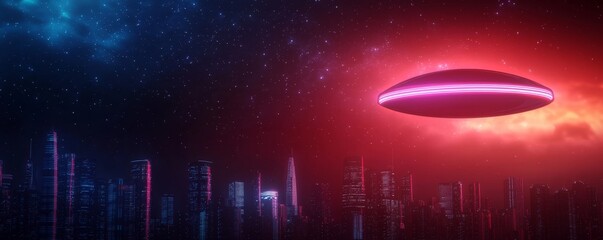 Wall Mural - A futuristic scene depicts a glowing UFO hovering above a neon cityscape under a starry night sky, blending vibrant colors and sci-fi elements.