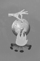 Wall Mural - Vertical collage picture of human arm fingers hold miniature planet earth globe above bonfire flame isolated on green background