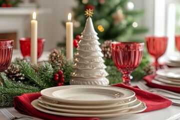 Wall Mural - Christmas table setting with red napkins, white plates, and glassware, ceramic Christmas tree with candlestick, red and white color theme, cozy atmosphere, green plants, and festive decorations.