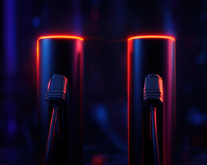 Aufkleber - Two glowing connectors with vibrant lighting in a dark environment, showcasing modern technology.