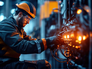 Poster - A worker in safety gear operates electrical equipment in a dimly lit industrial setting.