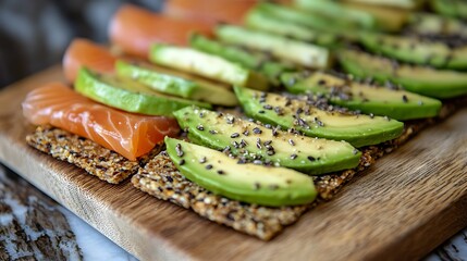 Wall Mural - A refreshing low-carb snack of sliced avocado and smoked salmon on whole grain crackers, served on a wooden board 