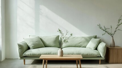 Wall Mural - Minimalist living room with a pastel green sofa featuring a simple plant vase on a wooden coffee table