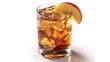 A glass of apple juice with apple slices inside, isolated on white background