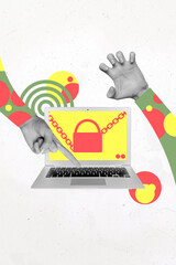 Aufkleber - Composite artwork photo collage template sketch of laptop remote lock shield protection anonymous hand gesture touch hacker data protect