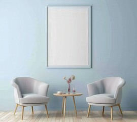 Two white armchairs with a wooden coffee table and a blank picture frame on a light blue wall