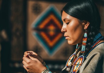 Native American woman weaving beaded jewelry with geometric pattern background