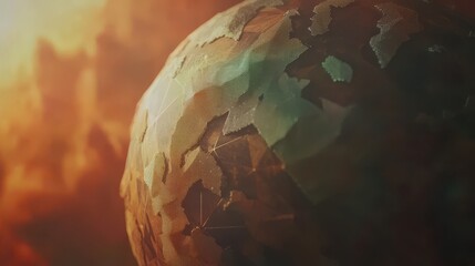 Poster - Abstract depiction of a planet with leaf textures blending into a warm atmospheric background, symbolizing nature conservation and environmental awareness in a digital art style.