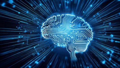 Poster - intricate circuit board with illuminated brain symbol representing artificial intelligence technolog