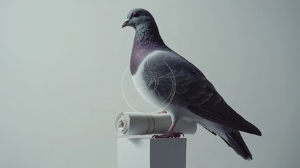 A pigeon perched on a clean white surface with a small rolled letter tied to its leg, sharp focus, minimalistic and crisp design