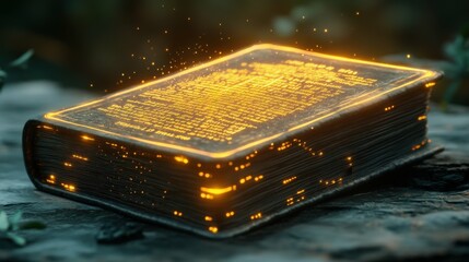 Poster - A 3D ledger book glowing with digital entries, illustrating the concept of blockchain and cryptocurrency accounting.
