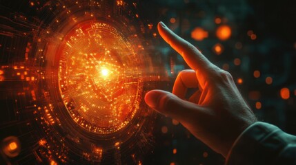 Poster - A ai man hand reaches towards a glowing Bitcoin, vibrant digital interface, dynamic world of cryptocurrency trading and blockchain technology