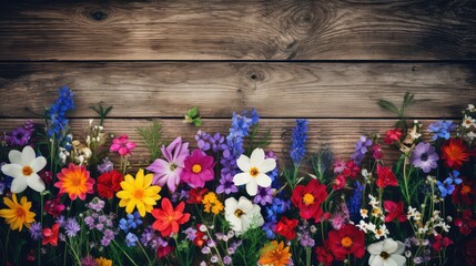 Poster - vibrant wooden background with flowers