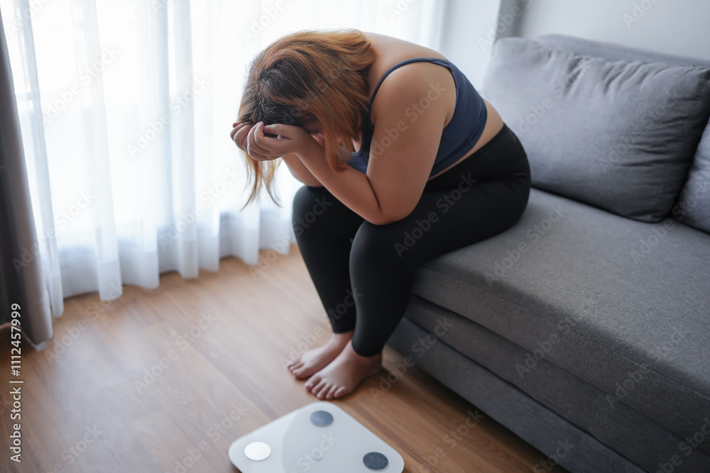 Weight Scale Photo Fail Sad woman with fat upset bored of dieting Weight loss fail Fat diet and ...
