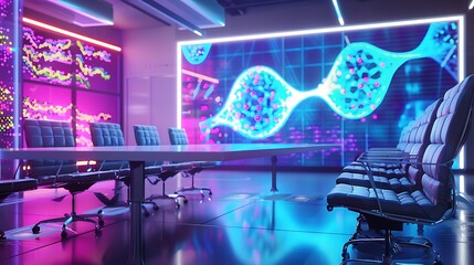 Poster - A futuristic meeting room with a large screen showing a real-time 3D animation of neural signals and DNA transcription