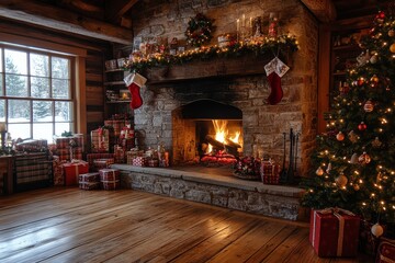 Wall Mural - Christmas fireplace with decorations, gifts, lights, and a large green tree with colorful ornaments, garlands, and a vintage stone chimney.