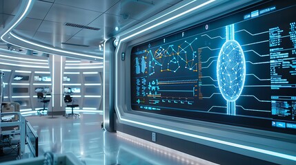 Poster - A futuristic research facility with a large digital display showcasing a real-time simulation of neuron interactions and DNA sequencing