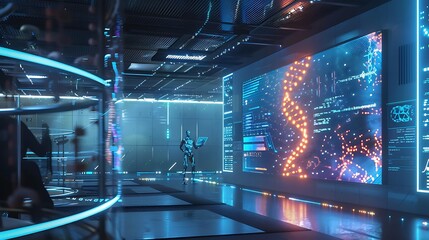Poster - A futuristic research facility with a large digital display showcasing a real-time simulation of neuron interactions and DNA sequencing