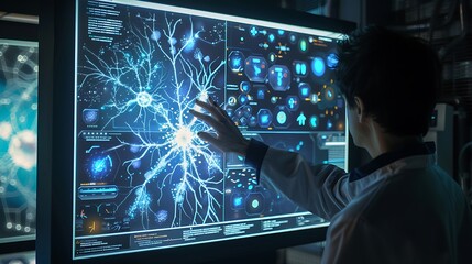 Poster - A high-resolution monitor in a lab displaying a complex neural network diagram with real-time data updates