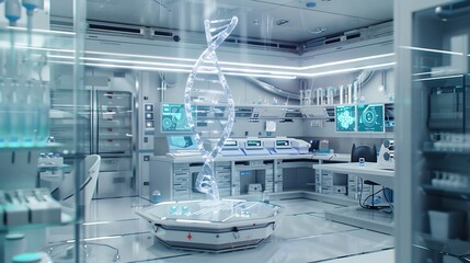 Poster - A high-tech laboratory with a holographic display of a DNA double helix floating in the center of the room