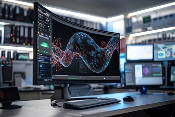 Poster - A high-tech workstation with a curved monitor showing a detailed neural network simulation and DNA analysis