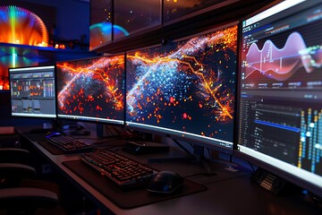 Poster - A high-tech workstation with a curved monitor showing a detailed neural network simulation and DNA analysis