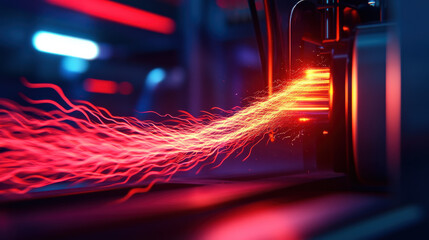 Aufkleber - Dynamic red light beams emanate from a futuristic device in a high-tech environment.