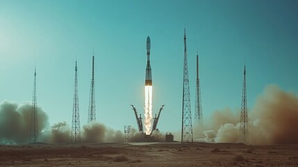 Wall Mural - a rocket takes off from the launch pad, with several tall antennas next to it and a blue sky in the 