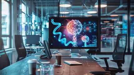 Poster - A holographic display of a DNA double helix hovering above a minimalist desk, surrounded by sleek gadgets