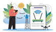 © Aleksey - Man with wifi router. Young guy near internet tower. 5g internet, wireless connection. Person with device for wi fi connection. Flat vector illustration